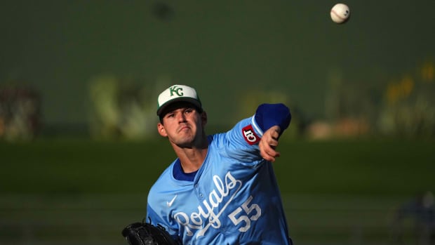 Kansas City Royals starting pitcher Cole Ragans (55) pitches against the Milwaukee Brewers during the second inning at Surprise Stadium in Surprise, Ariz., on March 17, 2024.